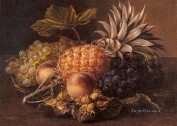  pine Oil Painting - Grapes a Pineapple Peaches and Hazelnuts In A Basket Johan Laurentz Jensen flower
